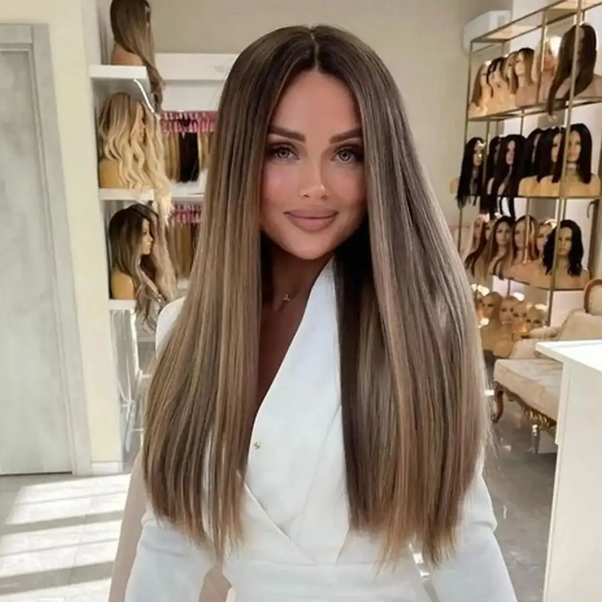 

Soft Long Length Natural Straight Synthetic Wig Ombre Chocolate Brown Middle Part Lace Front Wig 24 Inch Heat Resistant Fiber