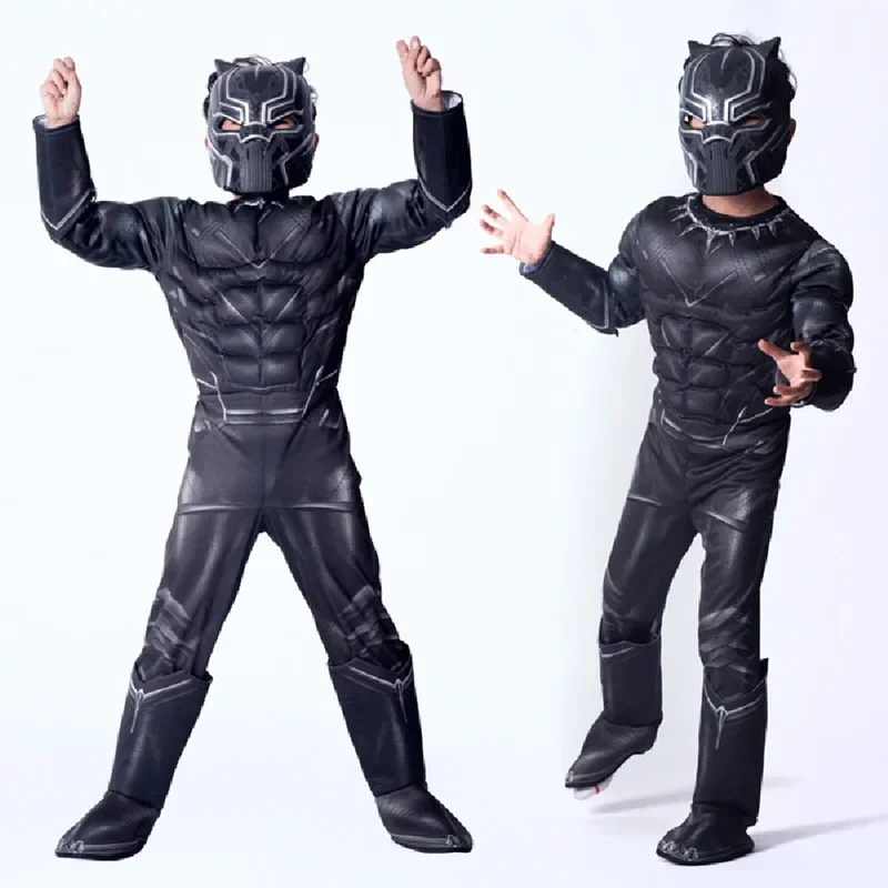 2025 New Carnival Kids Muscle Black Panther Cosplay Costumes Attached Mask Boys Girls Party Fancy Dress No Boots AFF