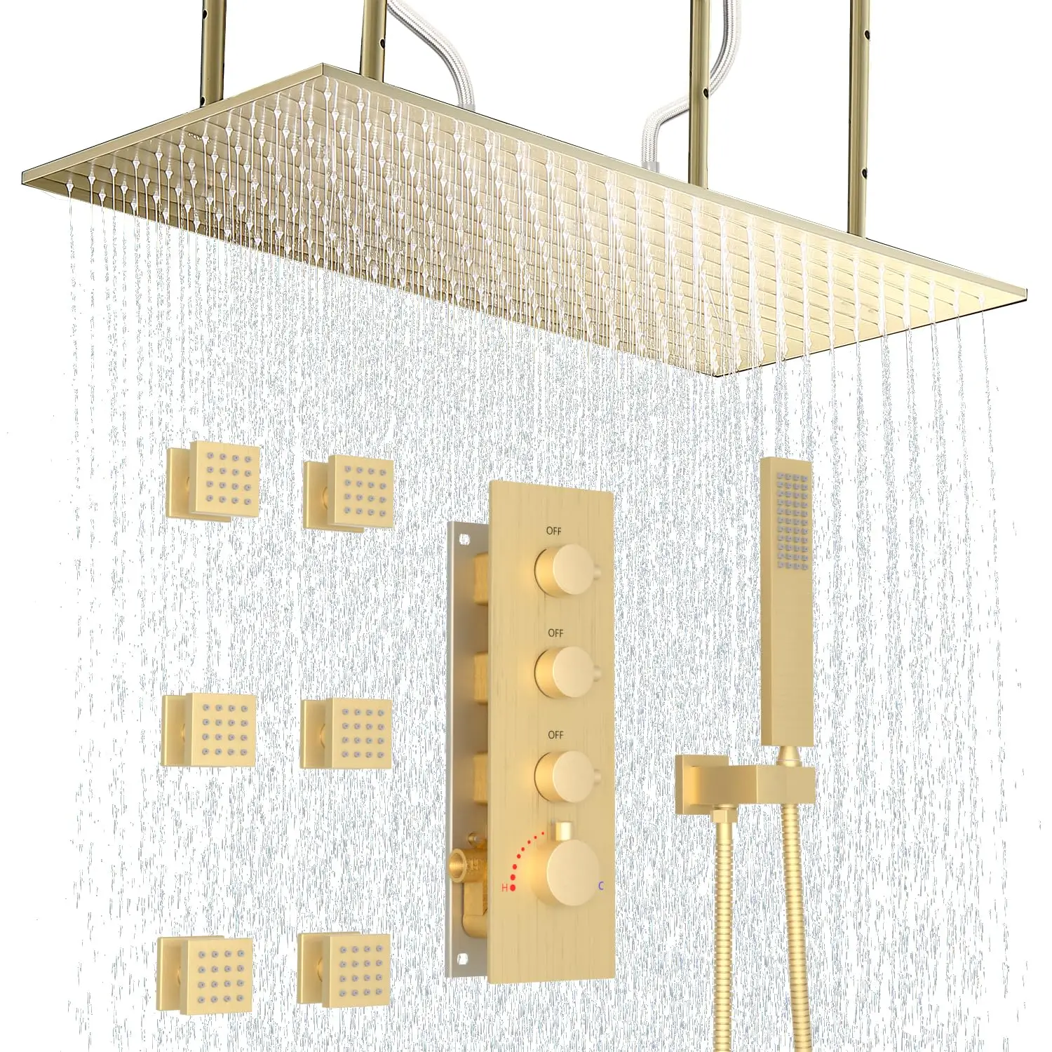 

Роскошная большая потолочная насадка из матового золота 16x32 дюйма, прямоугольная насадка для душа с дождевой насадкой, латунная термостатическая душевая система, набор с форсунками для тела
