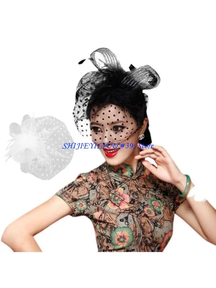 

E21F Женская ретро-волновая сетчатая вуаль-шляпа с пушистыми перьями и однотонными волосами аллигатора