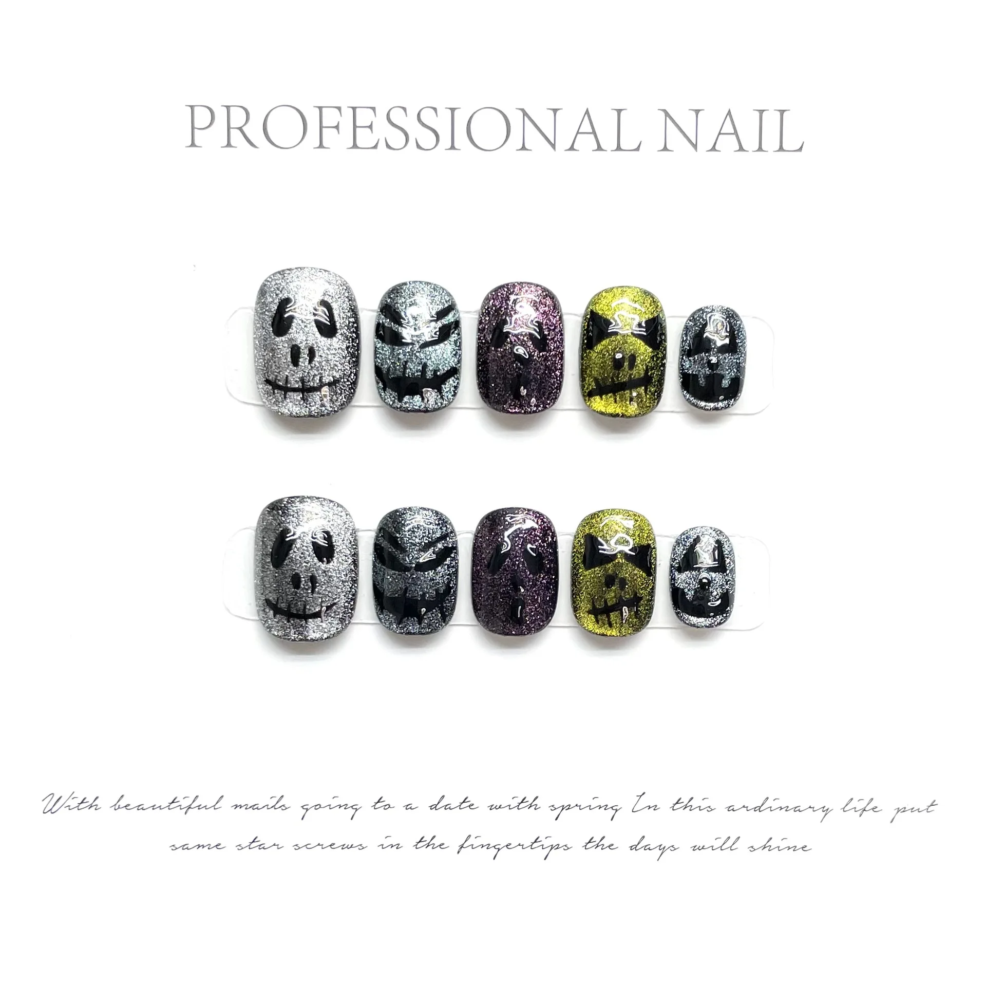 

Short Halloween Cat Eye Handmade Press On Nails Advanced Wearable Iridescent Demons Fake Nails Vintage Designed Nail Art