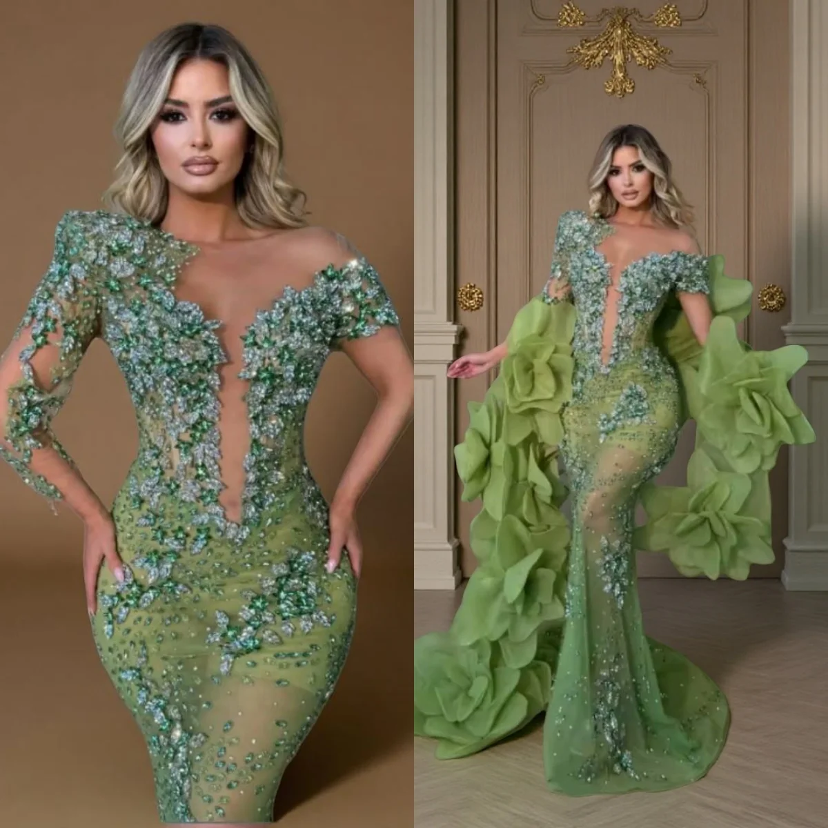 

Exquisite Mermaid Evening Dresses Long Sleeve Detachable Train Prom Gowns Crystal Beadeds Formal Occasion Customized Dresses