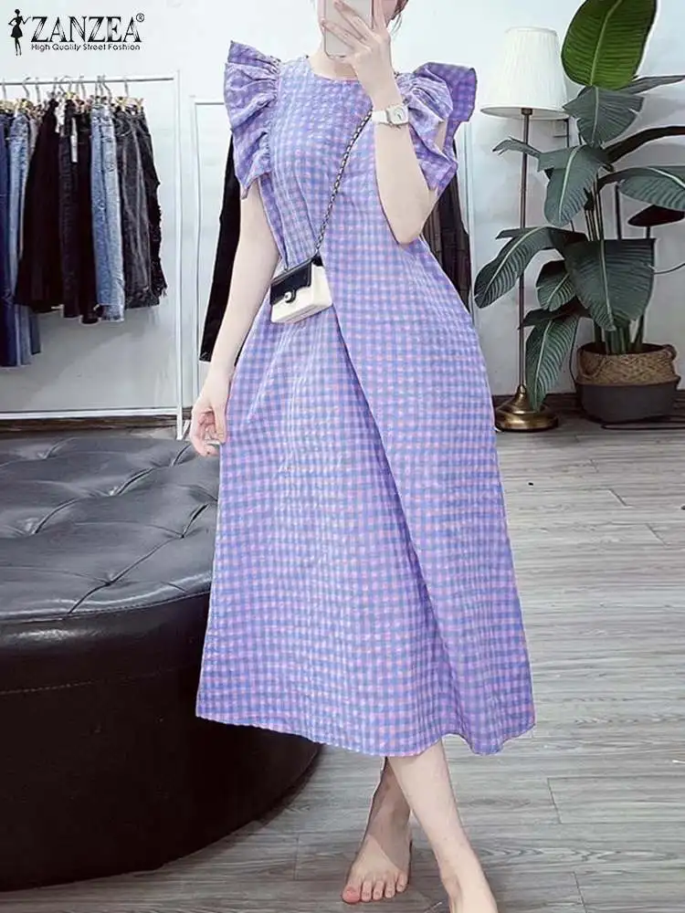 

ZANZEA Casual Korean Ruffled Sleeveless Robes Fashion Loose Beach Midi Sundress Women Bohemian Plaid Dress 2024 Summer Vestidos