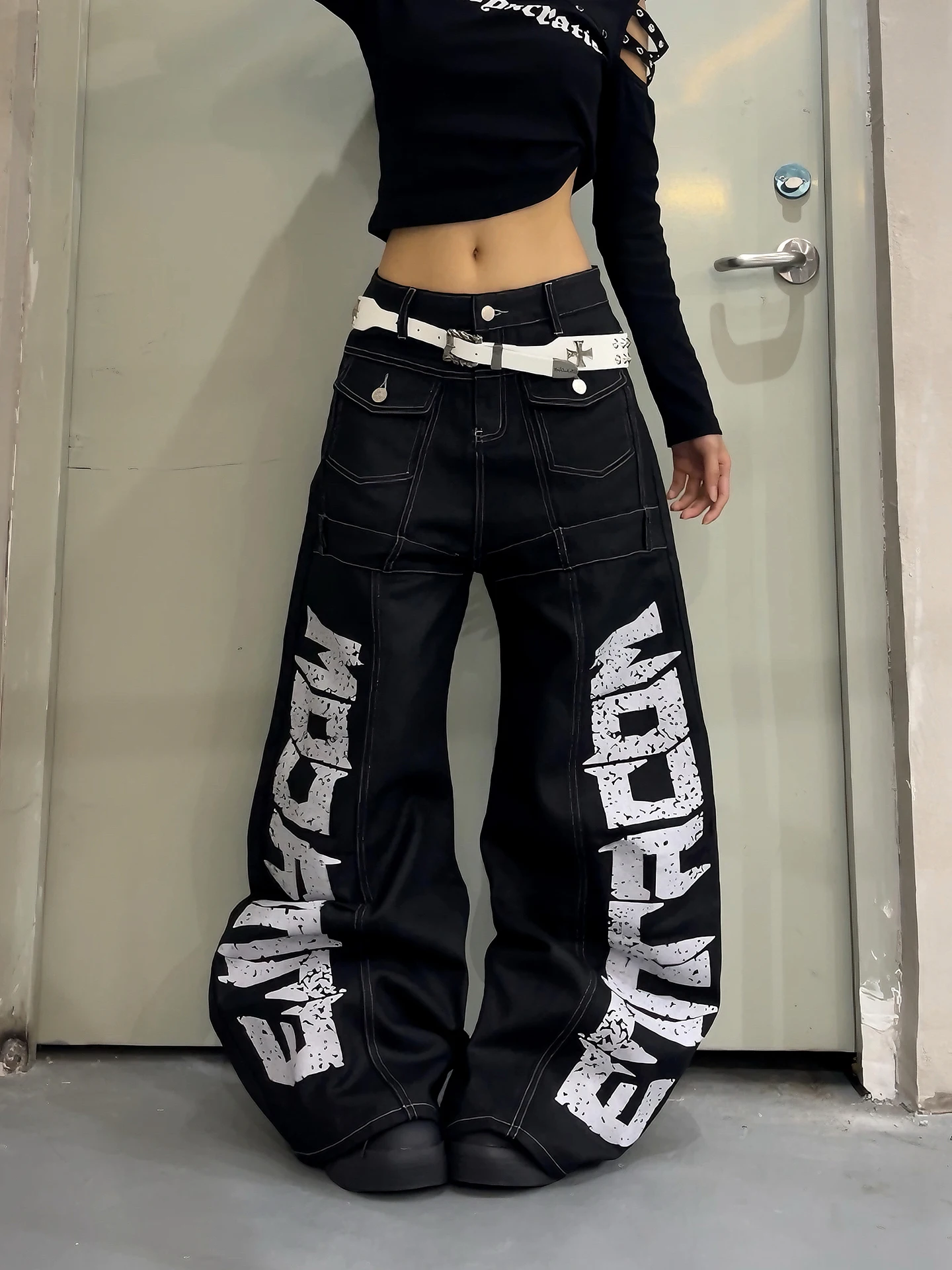 

DoubleD American Street Sle Coated Letter Print Wide Leg Jeans Women's Loose Retro Structured Jeans Cotton Blend Denim