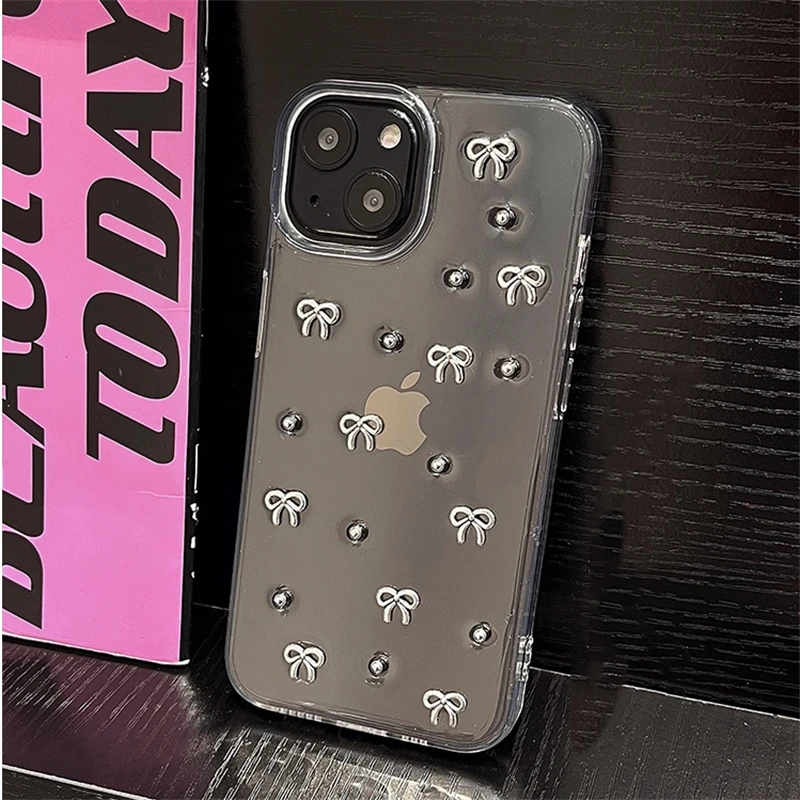 Transparent Sliver Bow knot Soft Silicone Case For iPhone 15 14 13 12 11 Pro Max 14Pro Camera Protective Back Cover For 15 Pro image 5