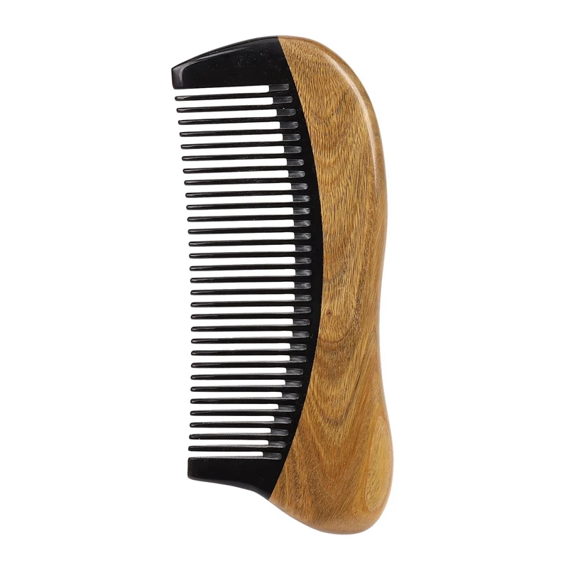 

10X Natural Green Sandalwood Hair Comb - No Static Wooden Fine Tooth Black Buffalo Horn Comb (Green Sandalwood)