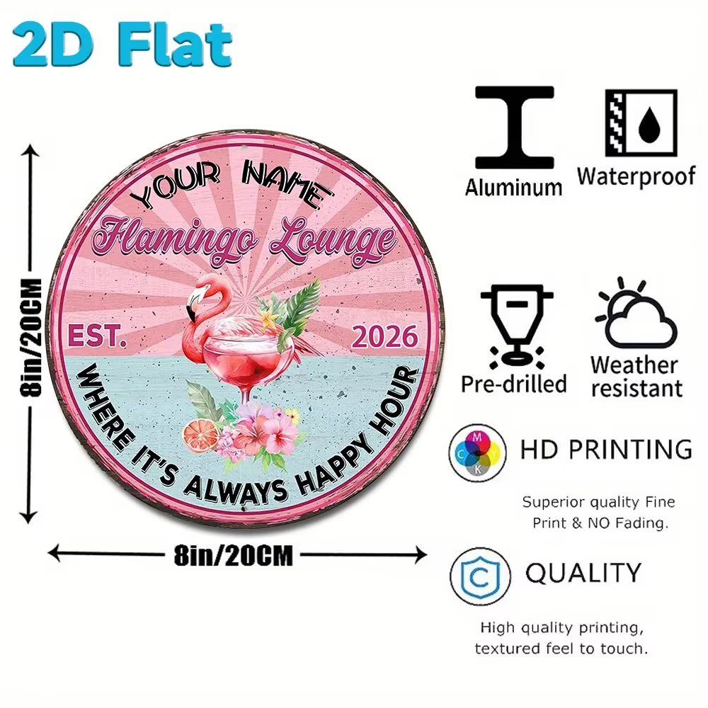 Personalized Name Flamingo Lounge Metal Sign, Custom 2D Flat Round Metal Wall Plaque Bar Patio Decor Gift 8 Inch