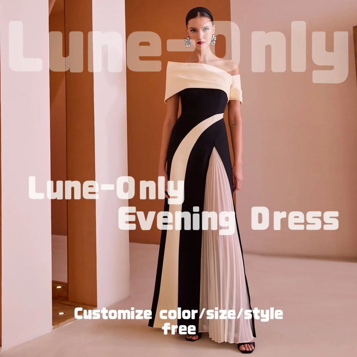 

Customized Off Shoulder Black White Elegant Women Evening Dresses For Formal Occasion Pleated A-line Prom Dress Party Gown