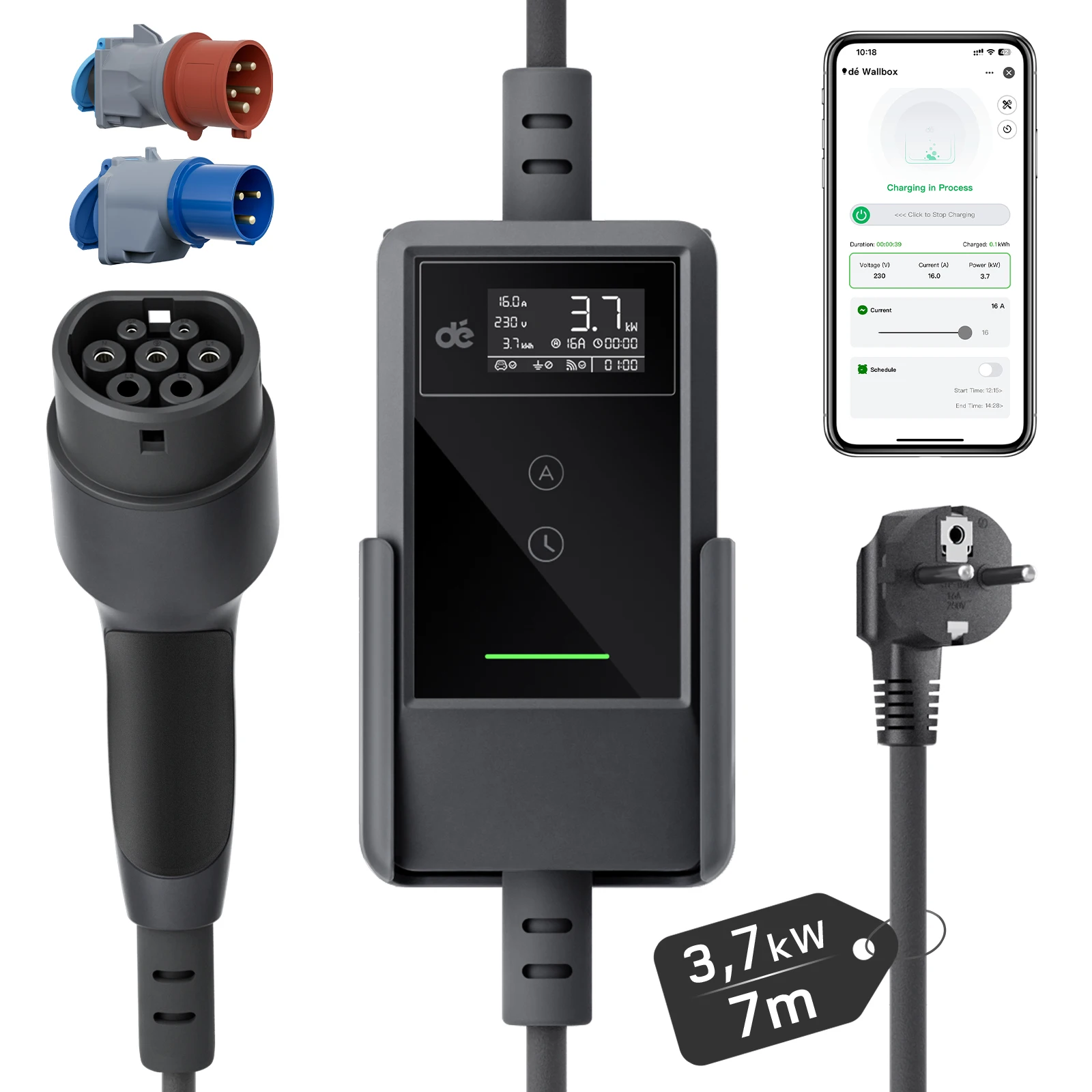 dé ladekabel elektroauto typ 2 schuko 3,7kW 16A Intelligente APP-Steuerung, Ladekabel mit Wahl 5,5m 7m 10m 15m 20m 25m Heim-Wallbox Elektroauto Ladestation für Elektrofahrzeuge