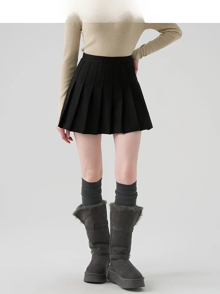 

Черная шерстяная плиссированная юбка макси в клетку с высокой талией для женщин, зимняя, винтажная, в студенческом стиле, утягивающая, короткая юбка