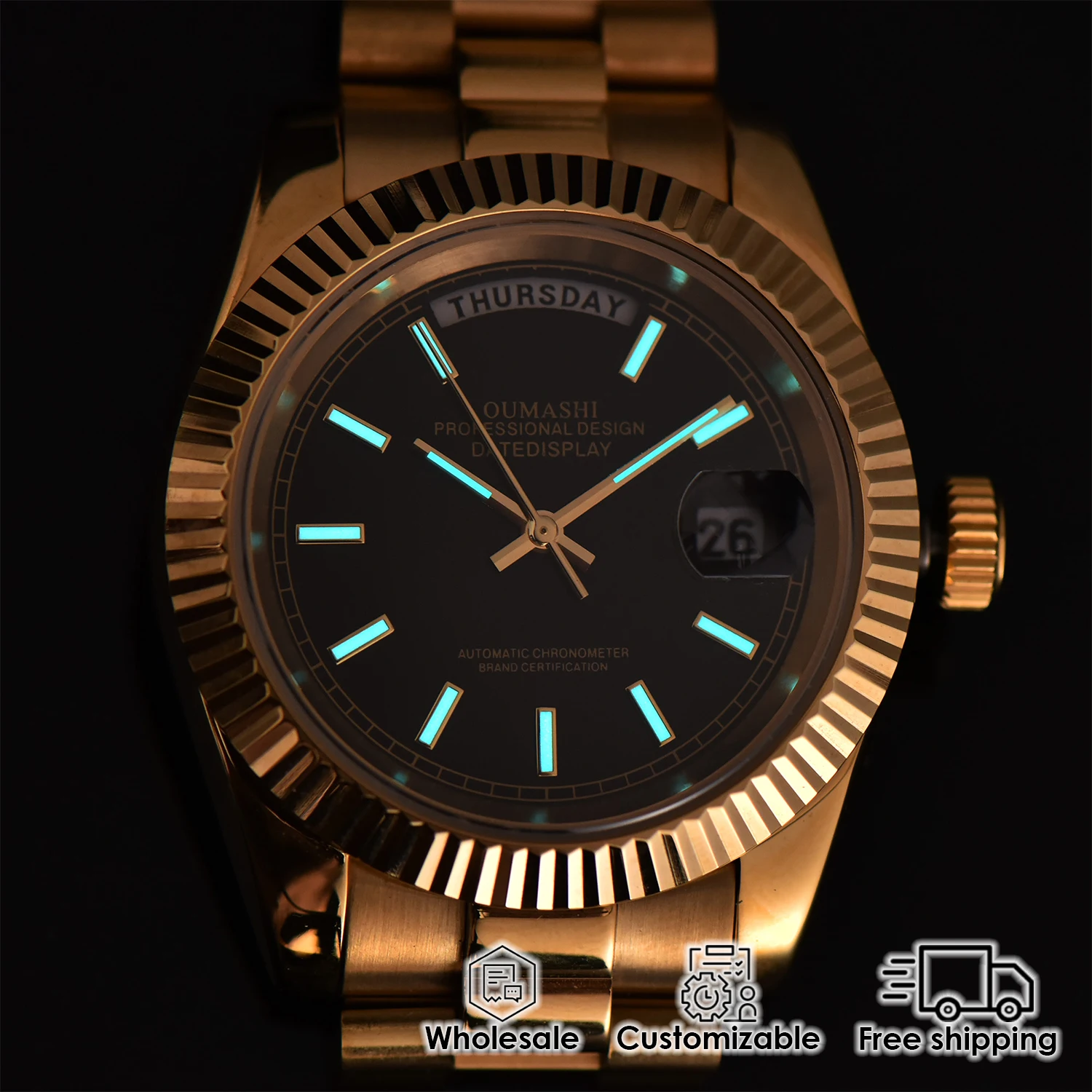 ساعة رجالية ذهبية 39 ملم مع حركة ميكانيكية أوتوماتيكية MIYOTA8285 وعرض التاريخ/اليوم، ساعة عمل فاخرة