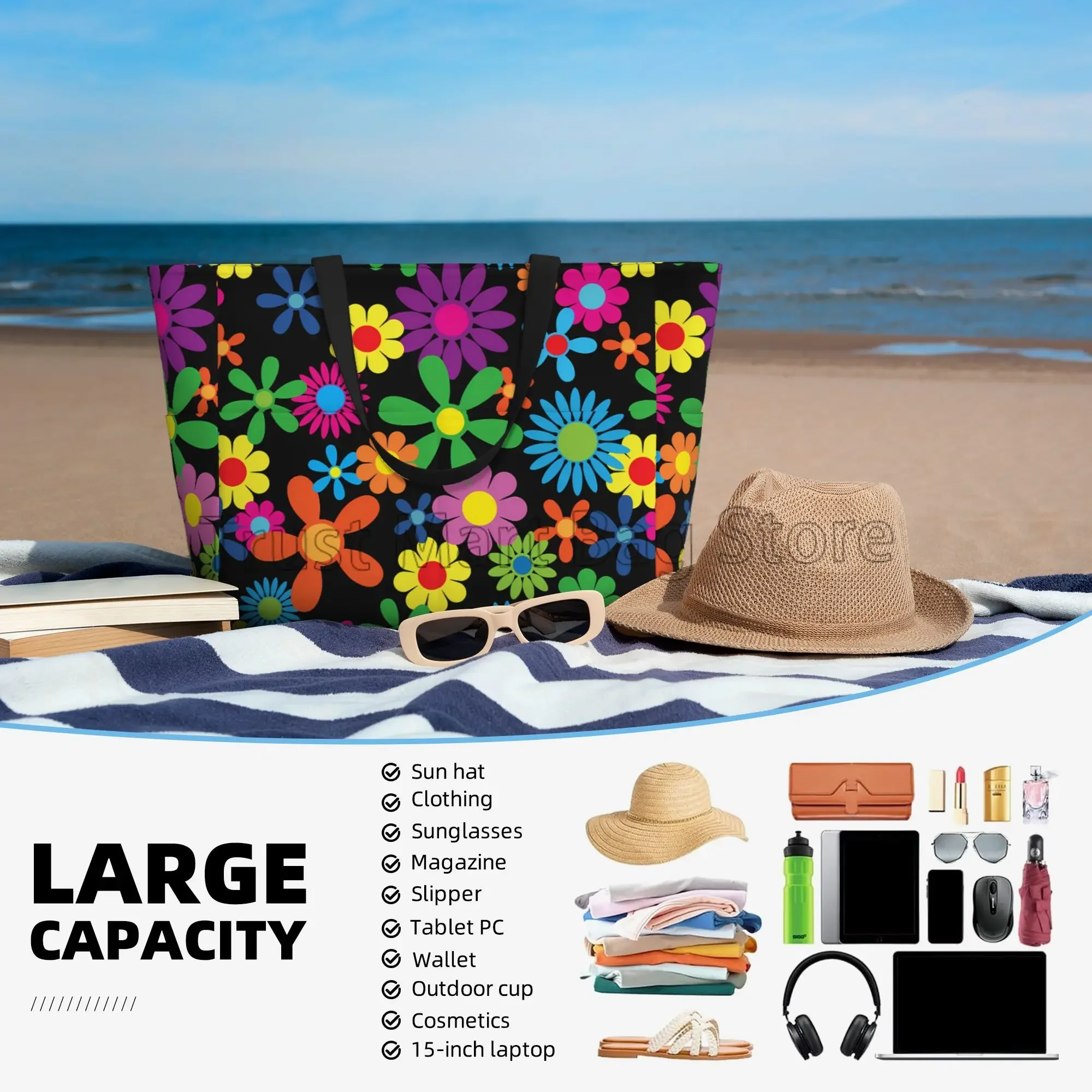 Hippie Flowers Large Beach Tote Bag Women Waterproof Sandproof Zipper Beach Tote Bags for Pool Gym Grocery Travel