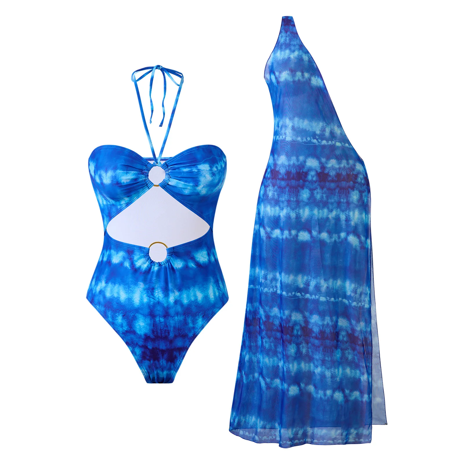 

Blue Printed Swimsuit for Women Sexy Hollow Out One Piece Swimsuits Elegant Neck Hanging Bikini Swimsuit with Cover Up Skirt