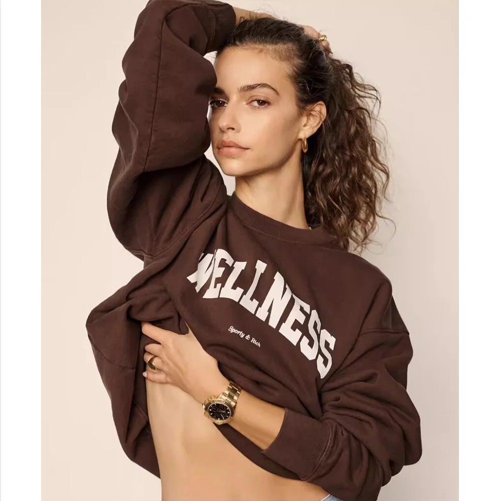 

Wellness Club Letters Printing Retro Style Crewneck Sweatshirts Women Cotton Oversize Long Sleeve Pullover Street Fashion Jumper