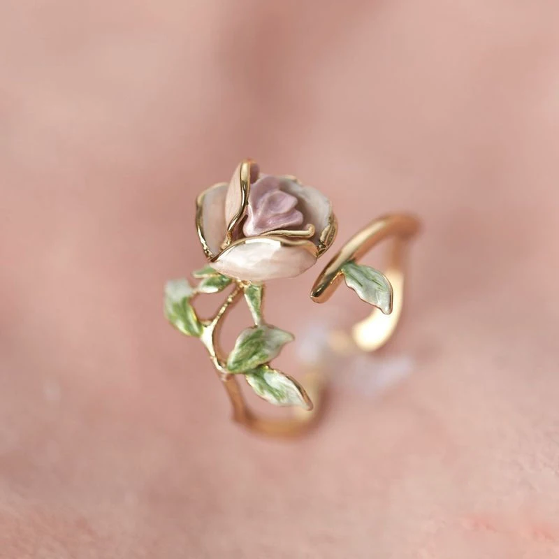 

Romantic Sweet Enamel Pink Rose Flower Engagement Rings for Women Retro Exquisite Adjustable Jewelry Gifts to Girlfriend