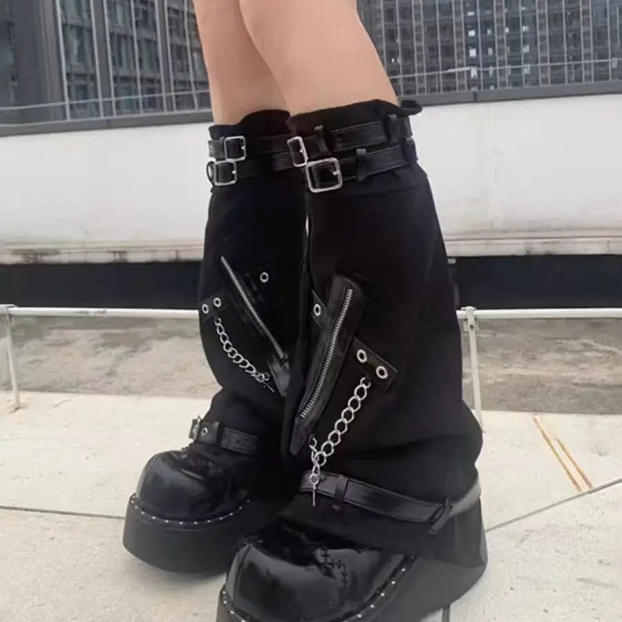 Washed Denim Socks Straps Horns Y2k Punk Chain Zipper Denim Leg Warmers Boot Covers