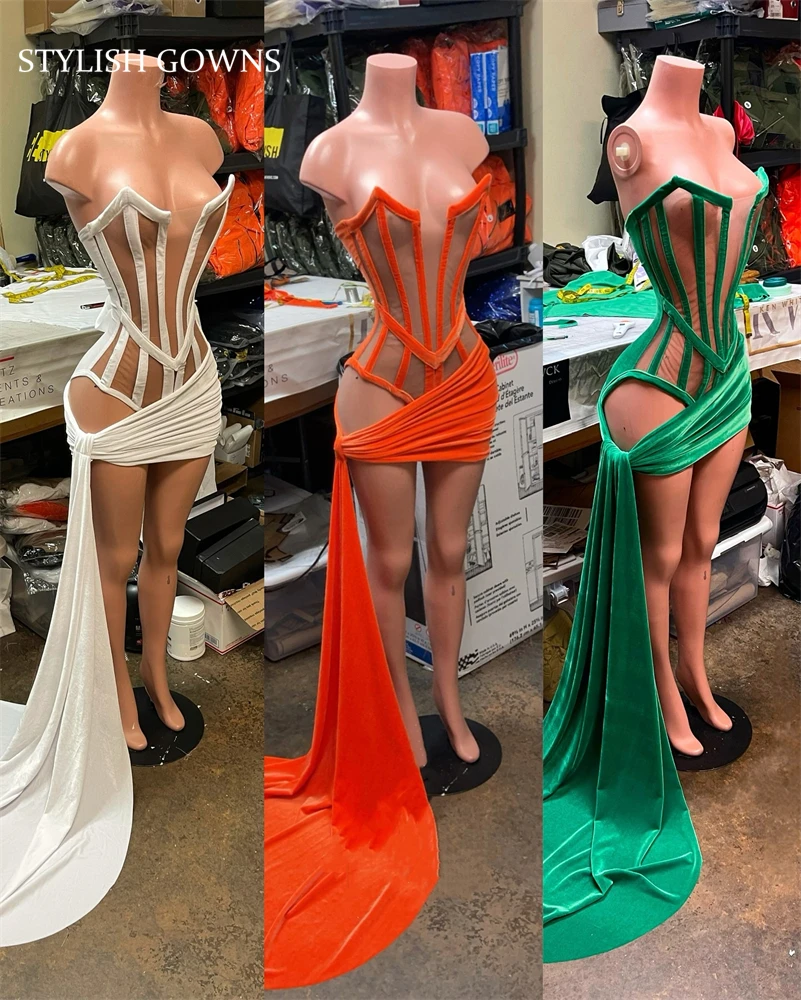 White Strapless Short Prom Dresses Black Girls Velvet 2024 Birthday Luxury Dress Mini Cocktail Homecoming Side Train Customized