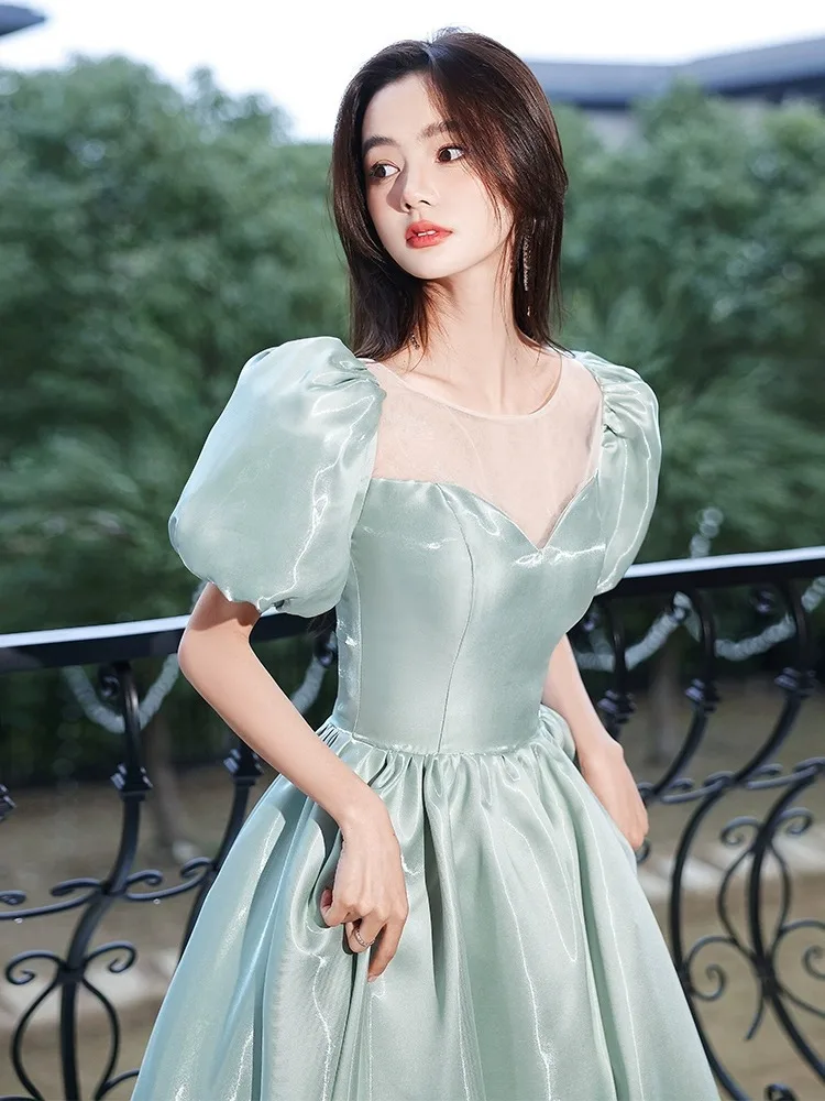 Mint Classic Satin Evening Dress Elegant Square Neck Puff Sleeve Lace Up Prom Vesido A-Line Simple Formal Banquet Long Dresses