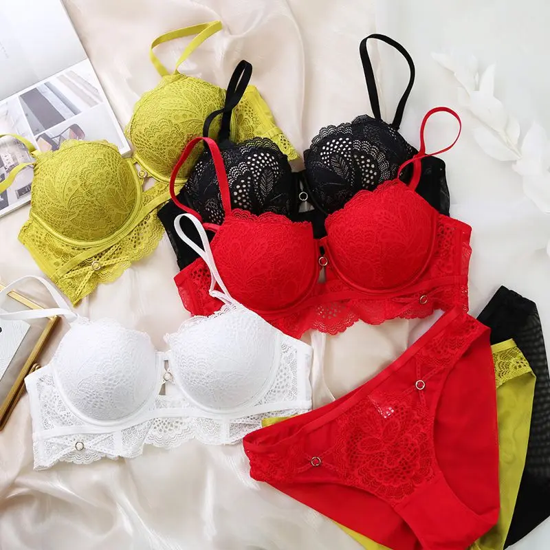 Sexy Lace Embroidery Women Lingerie Brassiere Temptation Push Up Bra Set Summer Lemon Color Underwear Female CD Cup Plus Size