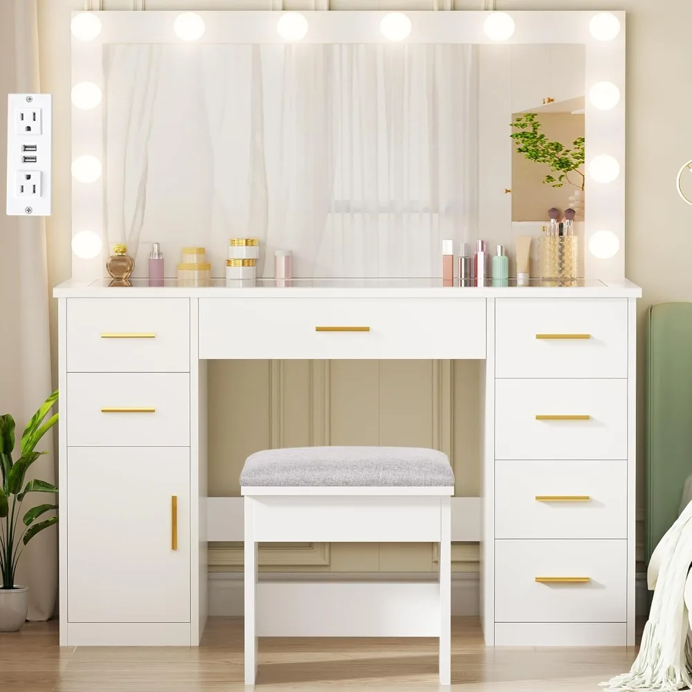 

Large Vanity Desk with Lighted Mirror White Makeup Vanity Set with Glass Top & Power Outlet & 7 Drawers Storage Cabinet 3 Color