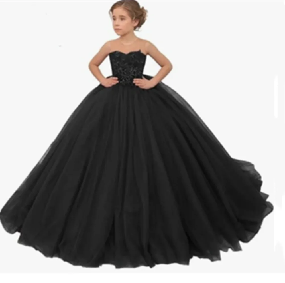 Blumenmädchenkleid Blau für Hochzeit Baby Prinzessin Ballkleider Spitzenapplikationen Schulterfrei Wunderschönes Abendkleid