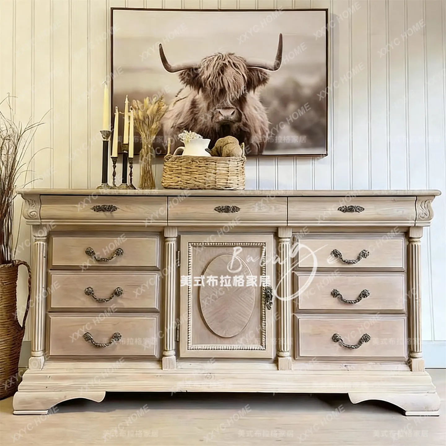 Solid wood model room storage drawer cabinet retro living room dining side cabinet