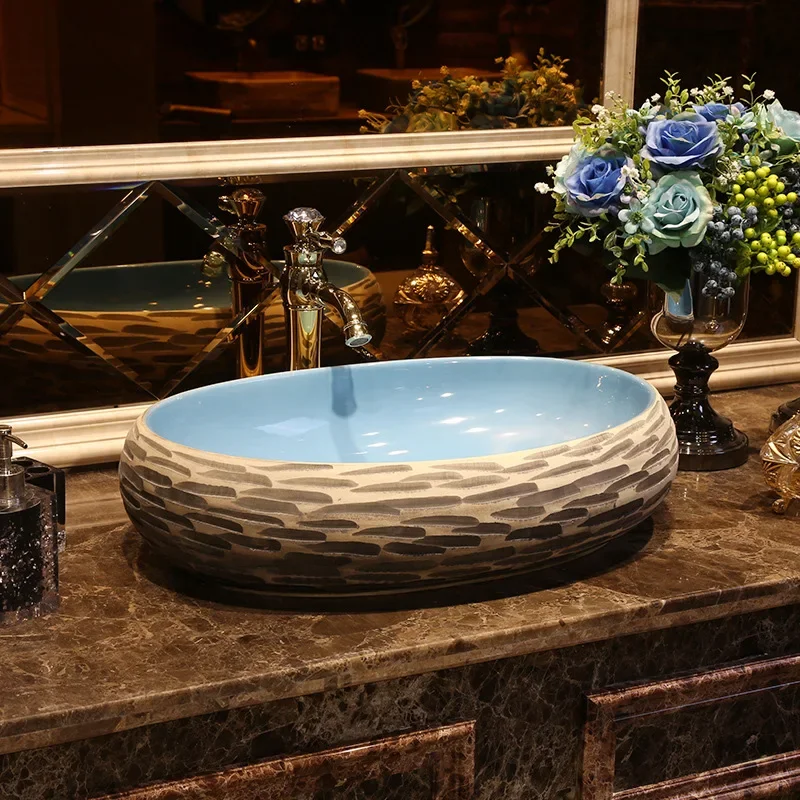 Table Basin Vintage Ceramic Bathroom Washbasin Oval Art Wash Basin in Chinese Antique Style Toilet