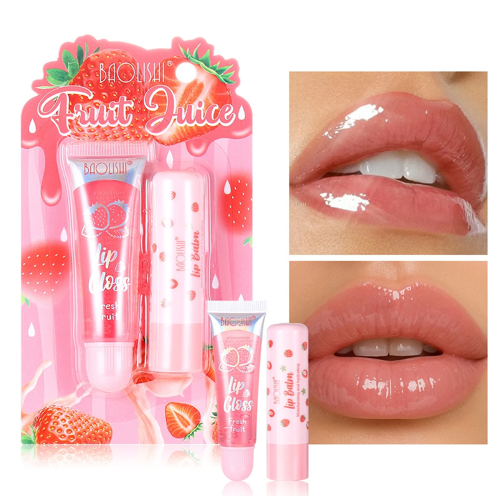 Erdbeer-Fruchtsaft Lippenpflege-Set, Feuchtigkeitsspendender Lippenbalsam + Hydratisierender Lipgloss-Kit, Nährendes Lippenöl Tägliches Lippen-Make-up