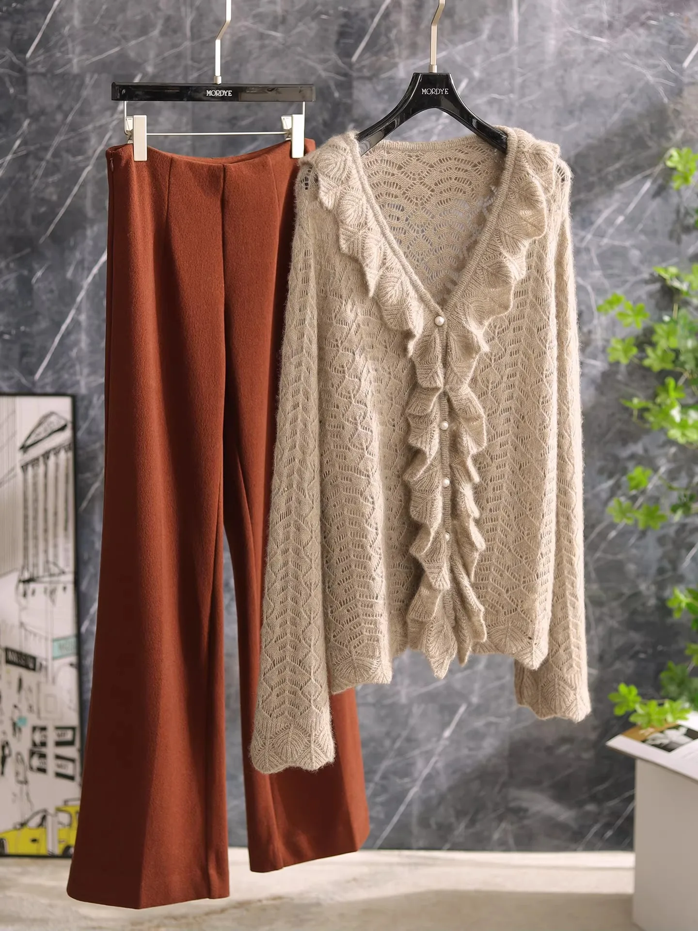 Super Heavyweight Knitted Open Cardigan Velvet Hollow out Design with Lace Trim Commuting Style Soft Cashmere Long Sleeve V-neck