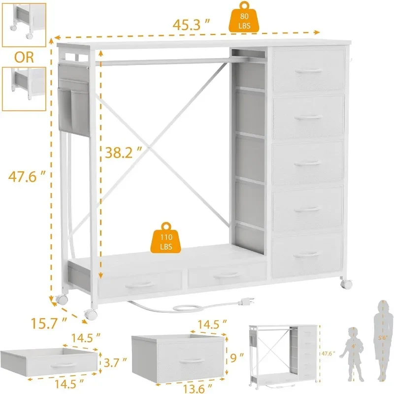 Cômoda para casa e cozinha para quarto com luzes LED e estação de carregamento, baú de armazenamento com 7 gavetas com ganchos e coágulo