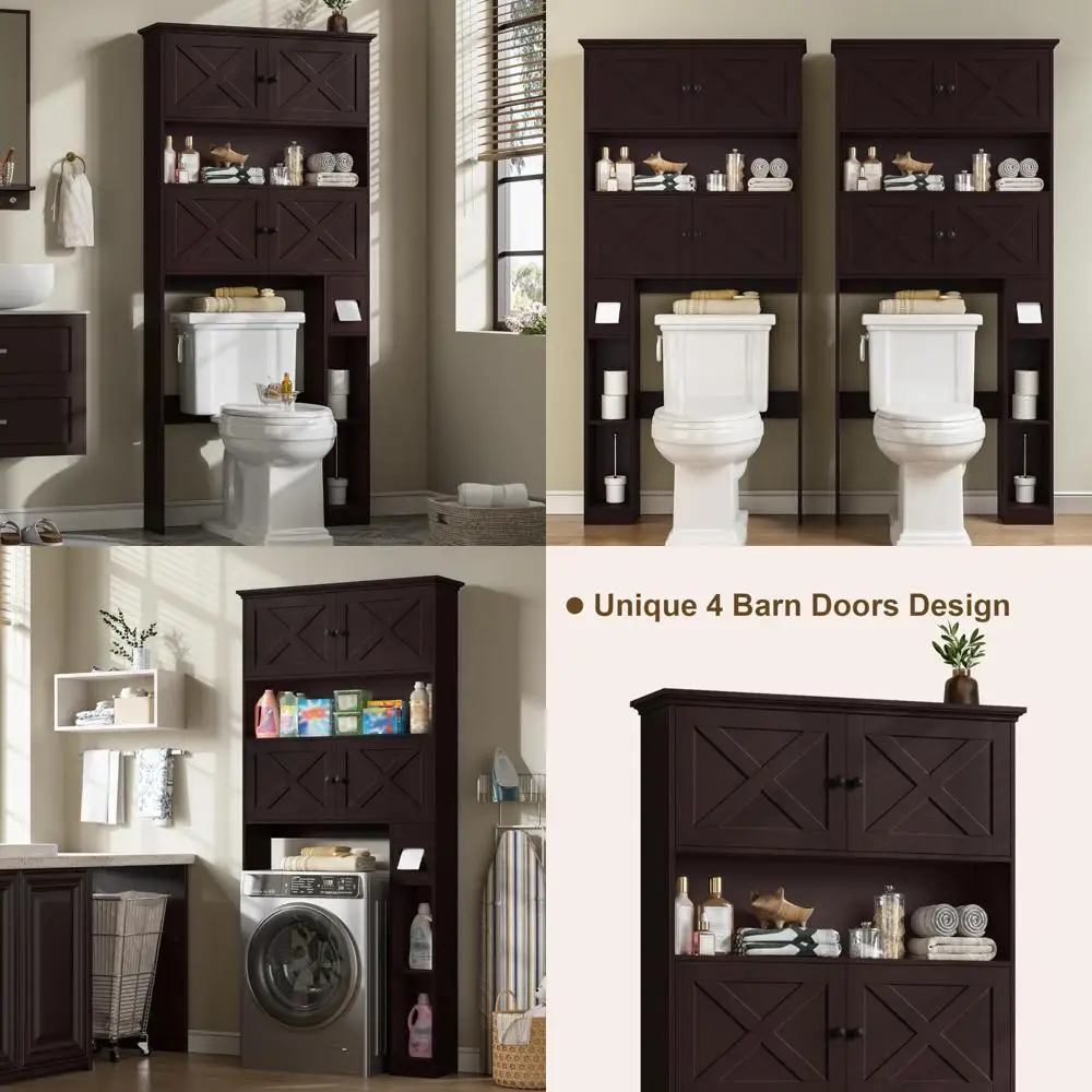 Gabinete de almacenamiento sobre orinal estilo granja con cuatro puertas estilo granero y soporte de papel higiénico integrado con acabado espresso
