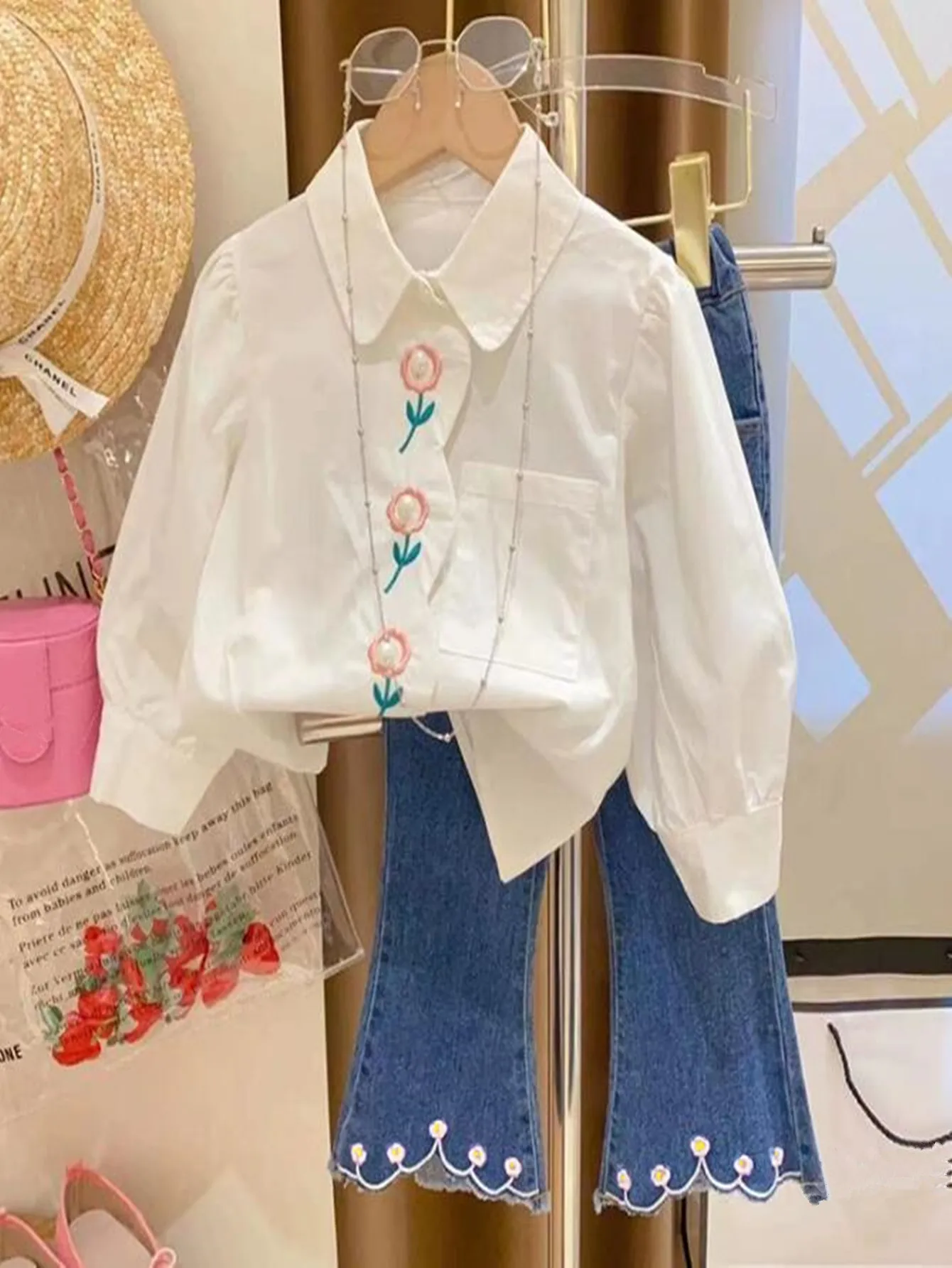 Autumn flower embroidered doll collar long-sleeved white shirts +  jeans Pants two-piece clothing set clothes suits