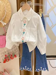 Autumn flower embroidered doll collar long-sleeved white shirts +  jeans Pants two-piece clothing set clothes suits