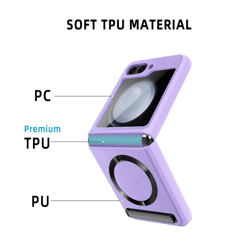 Magnetic Kickstand for Magsafe Phone Case for Samsung Galaxy Z Flip 6 5 Flip6 Flip5 5G Hinge Protection Glass Film Leather Cover