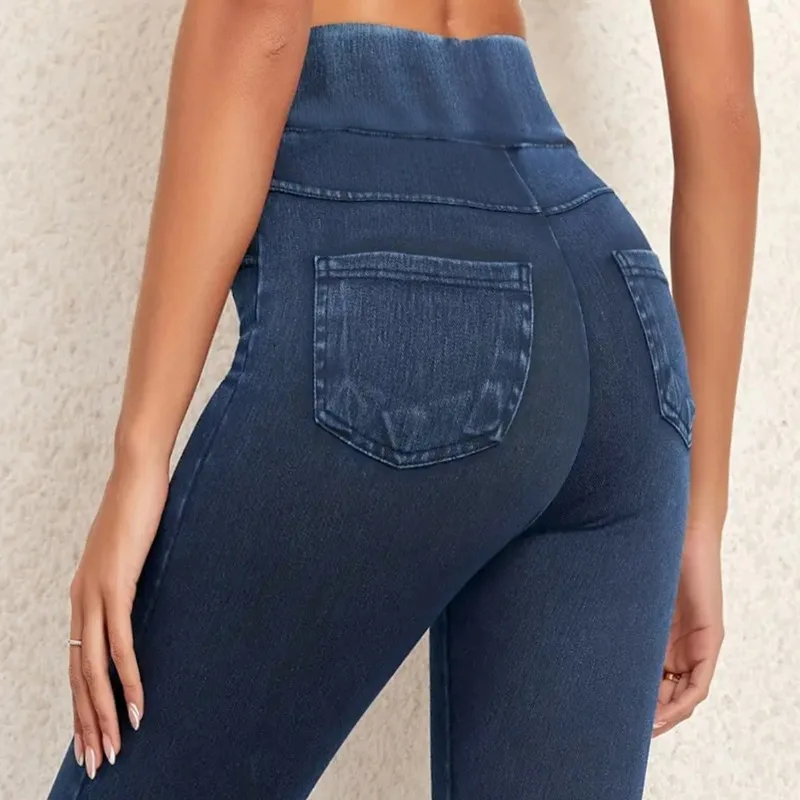 Women\'s Faux Denim Yoga Leggings Fitness Stretch Leggings High Waisted Fashionable Skinny Tights Gym Workout Running Pants