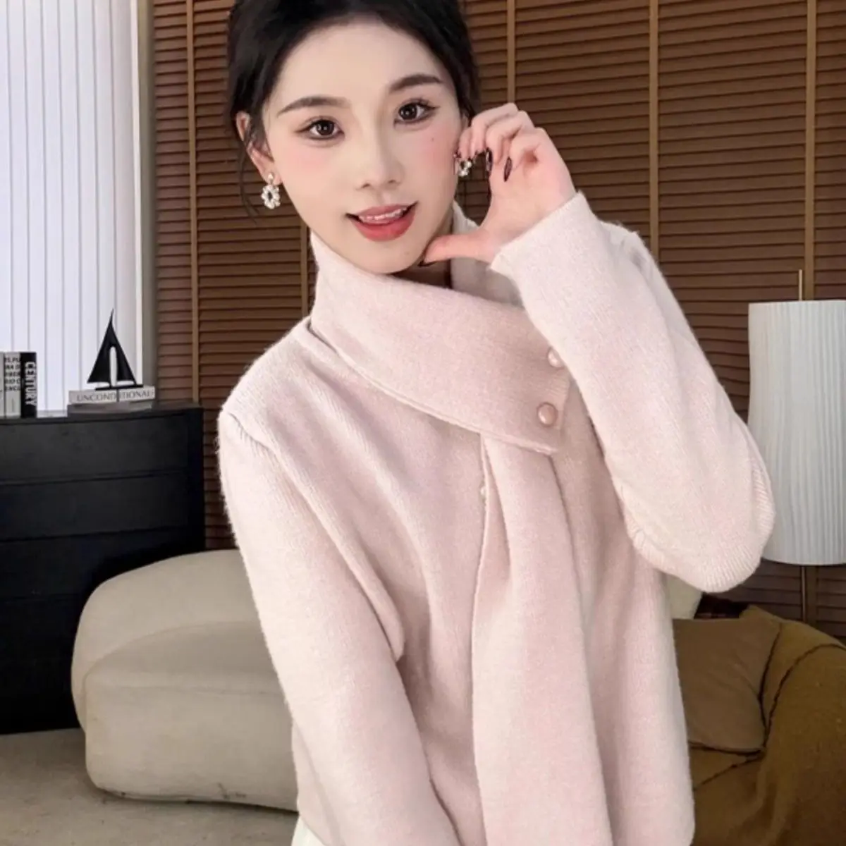 Suéter de inverno feminino estilo coreano moda cachecol destacável aconchegante pulôver de malha grande