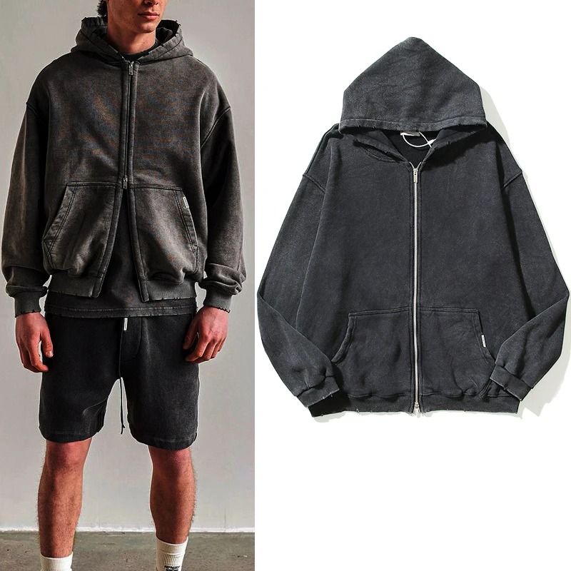 Homens e mulheres retrô lavado sujo corte zip moletom com capuz, hoodies casuais extragrandes, jaqueta de harajuku em branco, rua alta