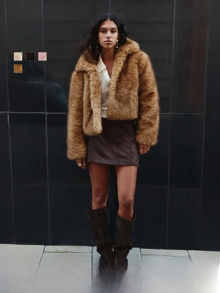 

H&M Women's Loose Fur Jacket Short Ultra-Short Style Casual Fashion Synthetic Fur Coat for Young And Middle-aged Women