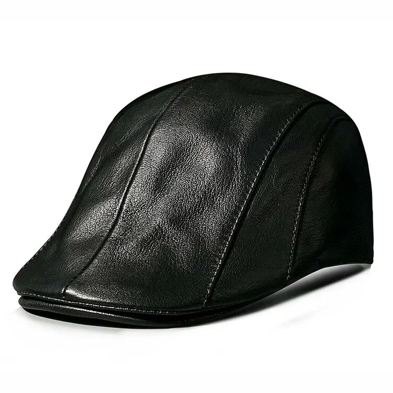 2023 Men Solid Genuine Leather Beret Hat Sun  Unisex Vintage Duckbill Hat Sunscreen Real Sheepskin Driving Cap