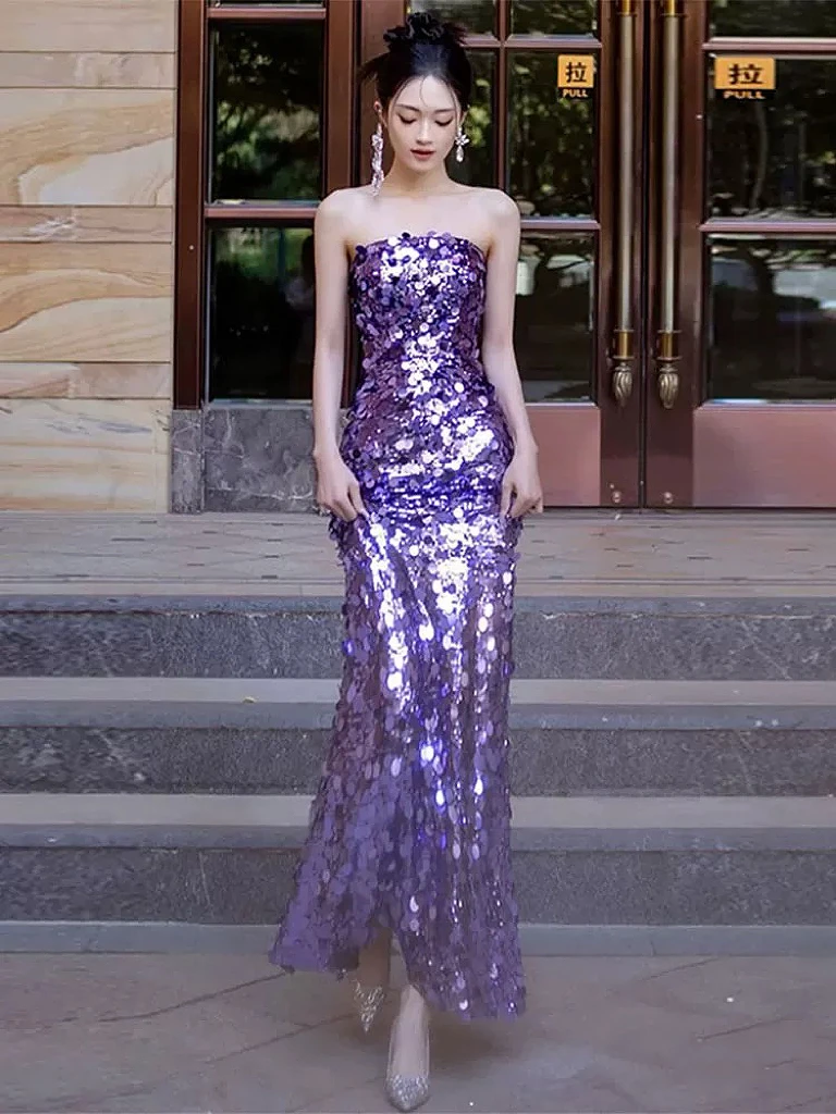 

Sexy Purple Celebrity Dresses Sequins Woman Sleeveless Lady Performance Graduation Prom Vintage Mermaid Evening Gowns 2024