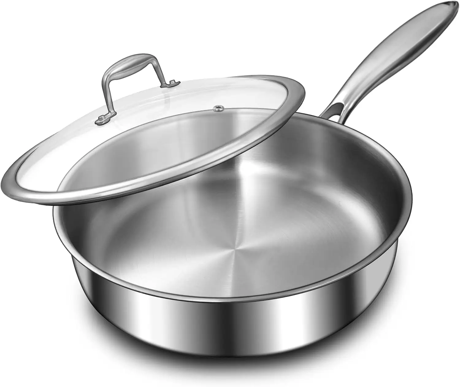 

12 Inch Tri-Ply Stainless Steel Frying Pan, Deep, Induction Compatible, Oven & Dishwasher Safe, Fast Even Heating