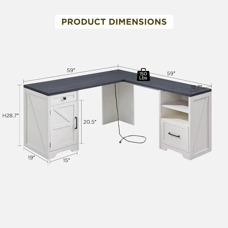 L Shaped Desk, Corner Computer Desk with File Drawer & Charging Station, Home Office 59x59Inch Huge Workspace Study W