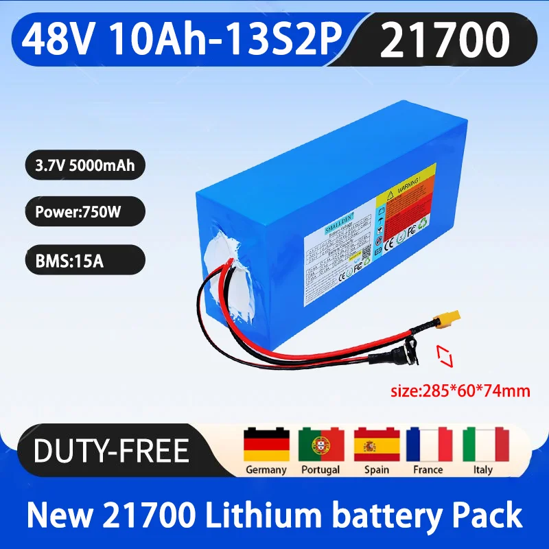 New 48V 10Ah 21700 13S2P lithium-ion battery pack with 750W outdoor backup battery, equipped with 15A BMS+54.6V 2A charger