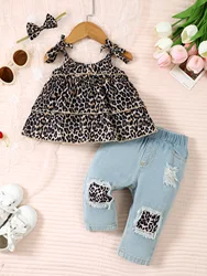 3Pcs Toddler Girl Set Leopard Bow Top+Blue jeans+Headband 0-3 year old girl summer fashion European and American style clothing