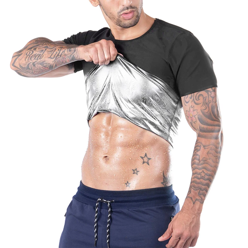 Men Sweat Sauna T-shirt Waist Trainer Abdomen Fat Burning Undershirts Slimming Workout Body Shaper Compression Tops Short Sleeve