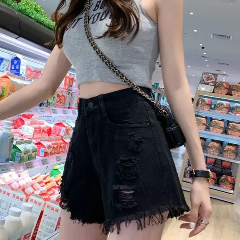 ショート丈ジーンズパンツ レディース ダメージ加工 ハイウエスト デニムショートパンツ ワイド ブラック ファッション ウェア 2024 クラシック 韓国スタイル 新作