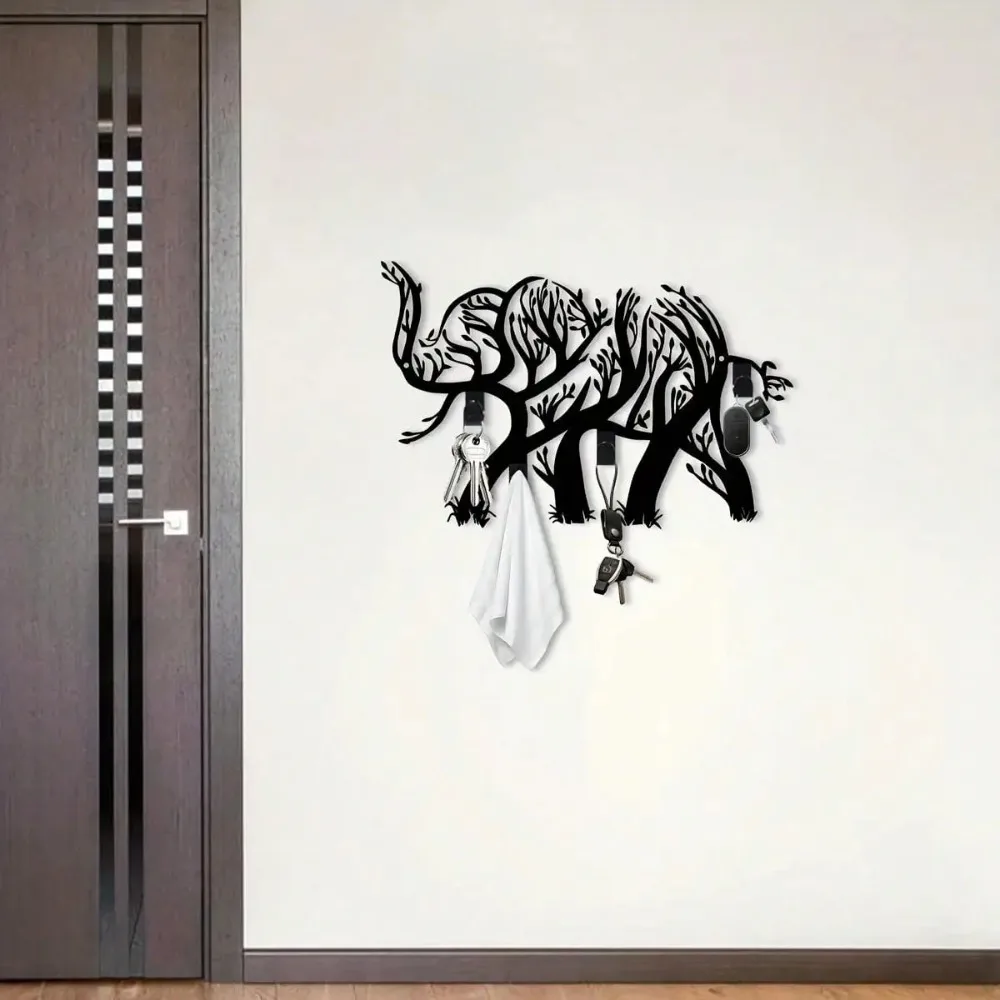 Metal Elephant Wall Art Key Holder, Tree-Shaped Entryway Organizer Space Saver for Hallway