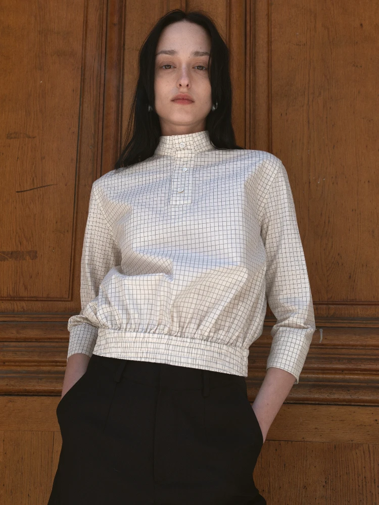 

PRED ort Cotton irt Bla White Plaid Stand Collar Seven Sve Regular oulder Women's Busin Casual Top