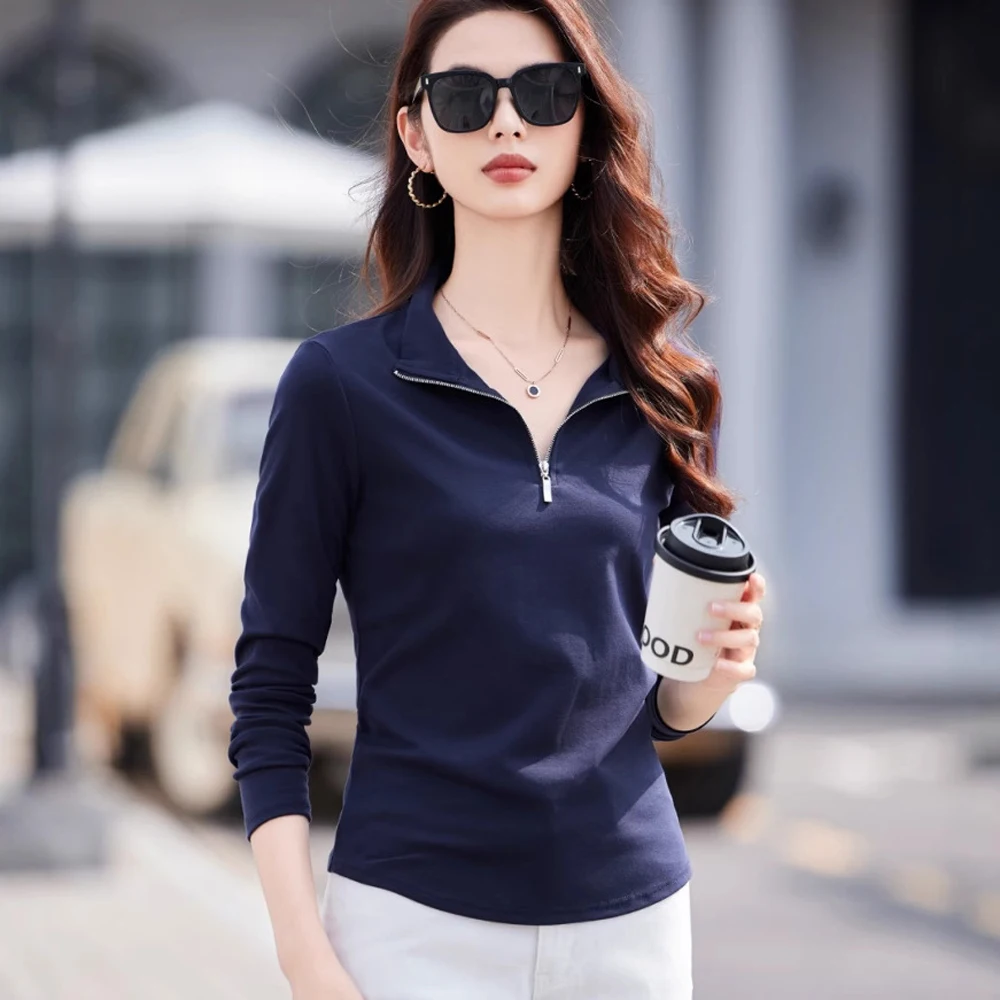 

Korean style deep blue lapel long sleeved T-shirt for women's autumn new high-end fashion plus size cotton zipper casual top