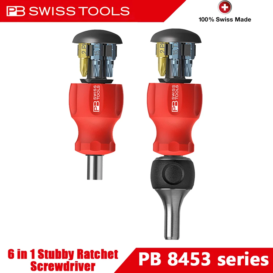 pb-swiss-tools-tournevis-a-cliquet-compact-6-en-1-avec-poignee-a-cliquet-et-6-embouts-de-precision-outils-manuels-multi-embouts-no-pb-8453